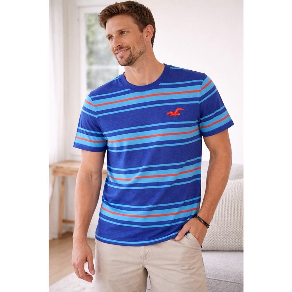 Hollister Striped T Shirt Men’s M Blue Red Logo Short Sleeve Y2K Casual